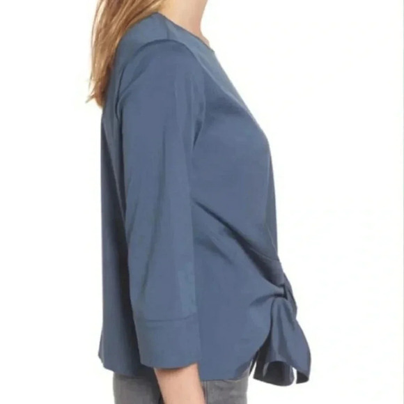 Halogen Blue Tie-Front Top Size Large Petite | 3/4 Sleeve Workwear Blouse - Picture 4 of 14